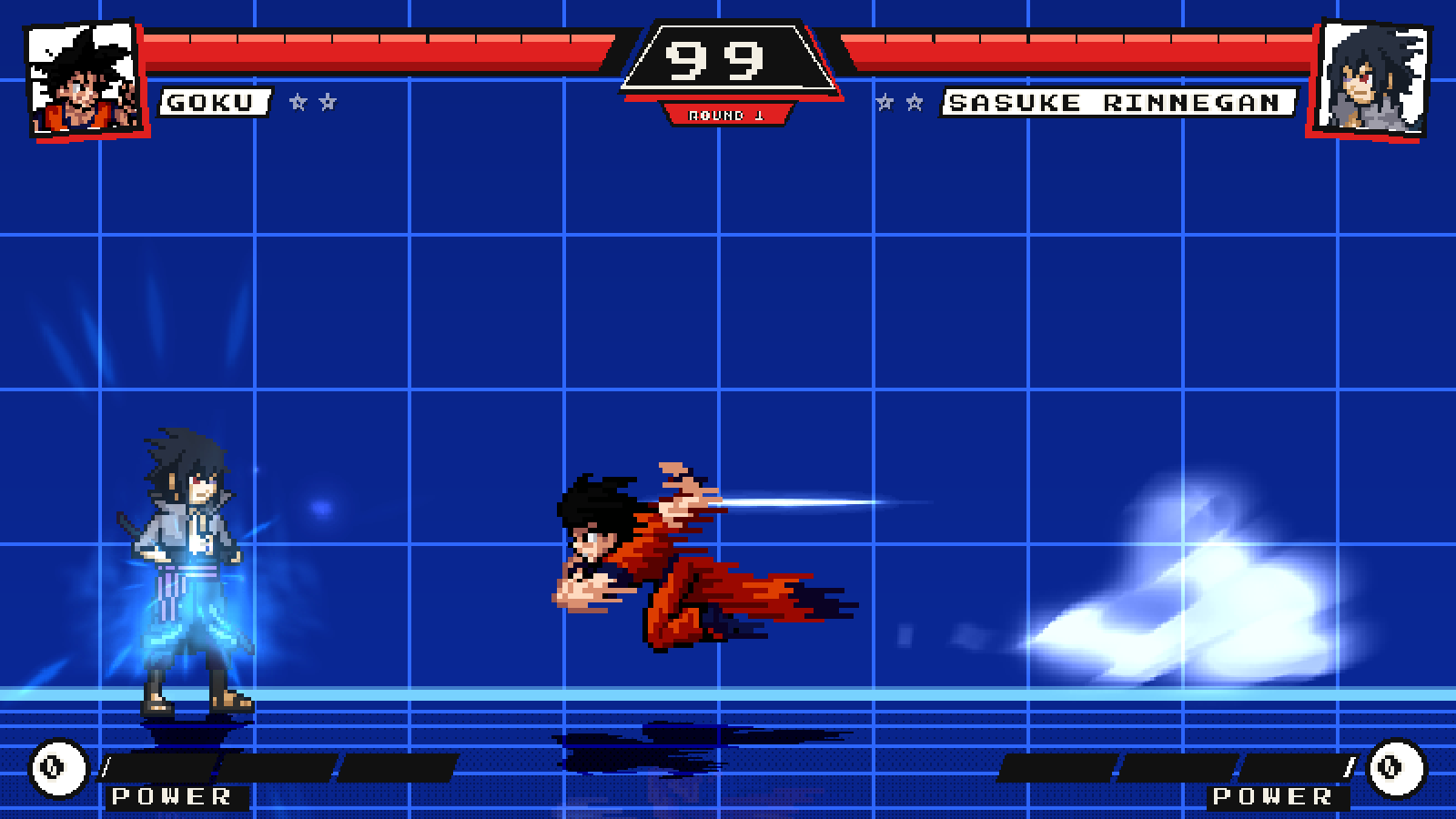 A fight drawn at render scale 0.5: visibly chunkier pixels, same layout and HUD.